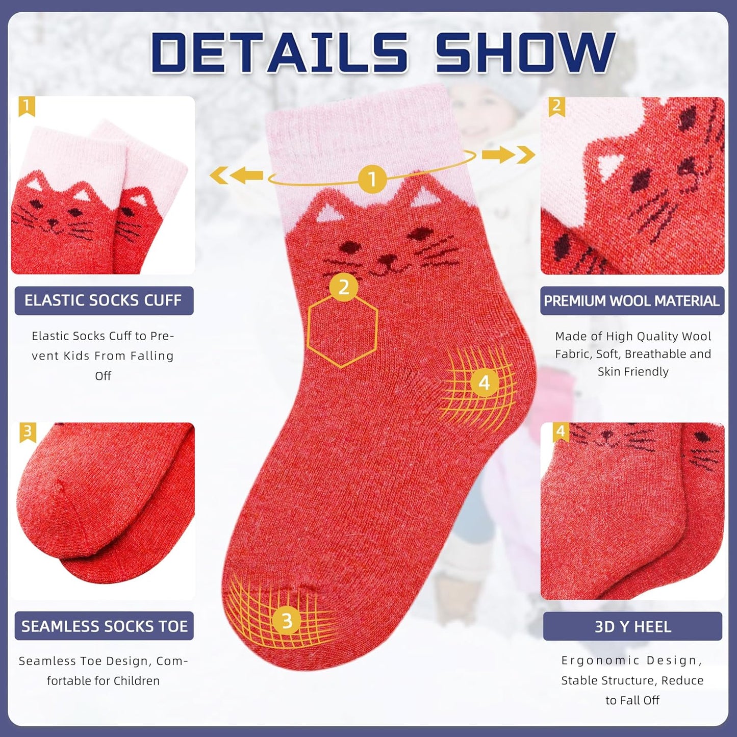 6 Pairs Children'S Winter Warm Wool Socks Kids Toddlers Boys Girls Thermal Thick Boot Cozy Crew Socks
