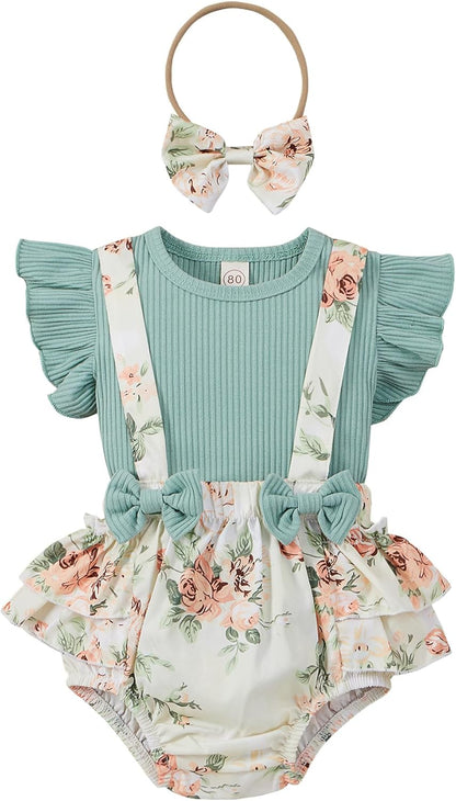 Newborn Baby Girl Clothes Romper Ruffle Short Sleeve Ribbed Tops Summer Infant Outfits Set